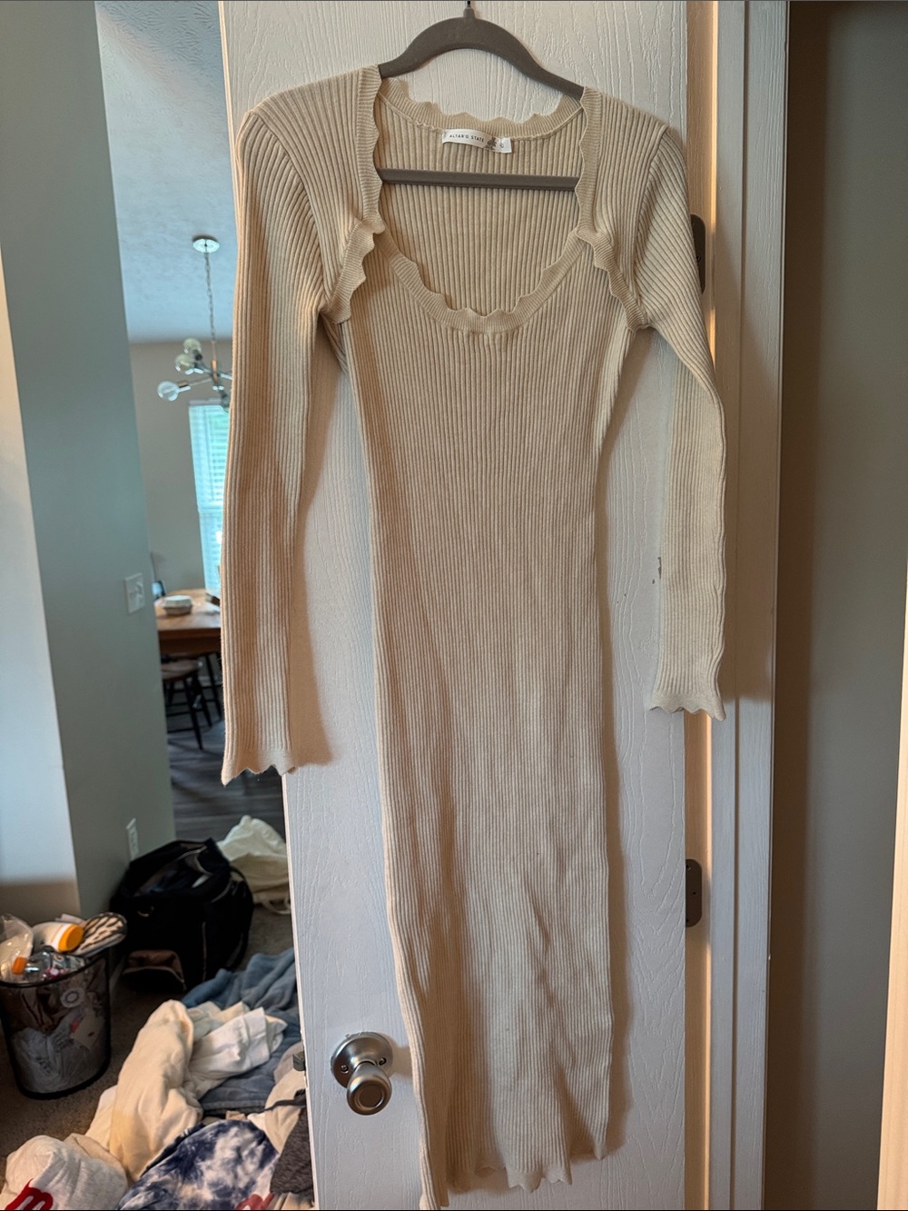 NEVER WORN Altar'd State Cream Ribbed Maxi Dress with Scalloped Neckline